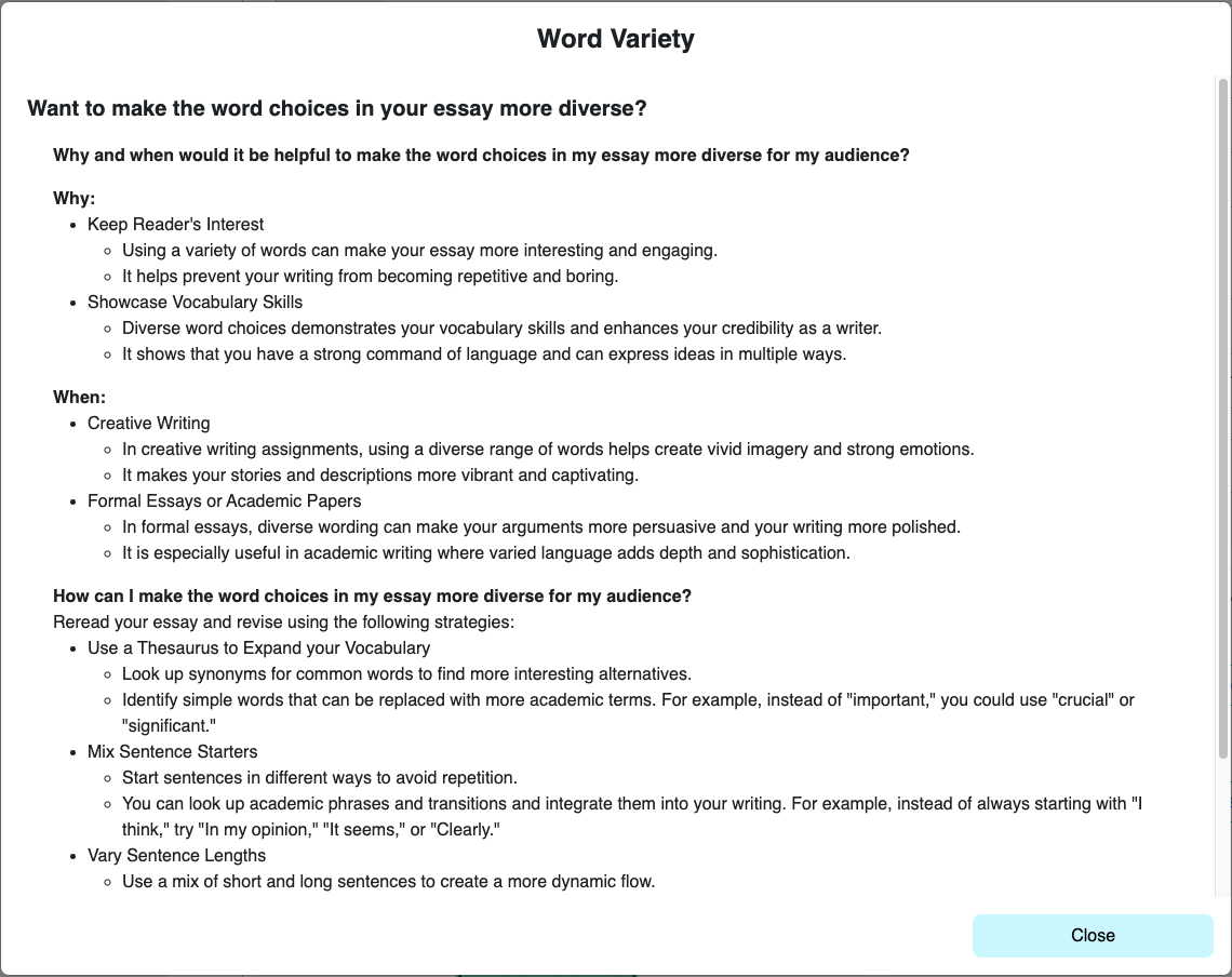 Feedback comments produced for the metric Word Variety.