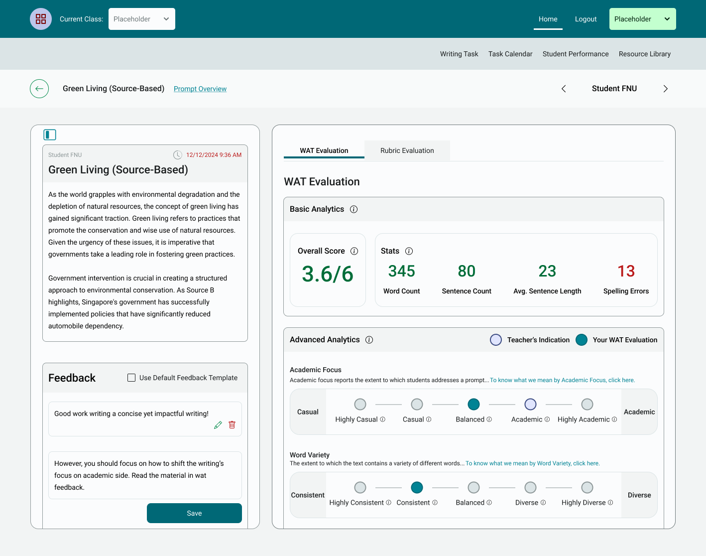 A screenshot of the WAT-C metric interface from a student perspective. 