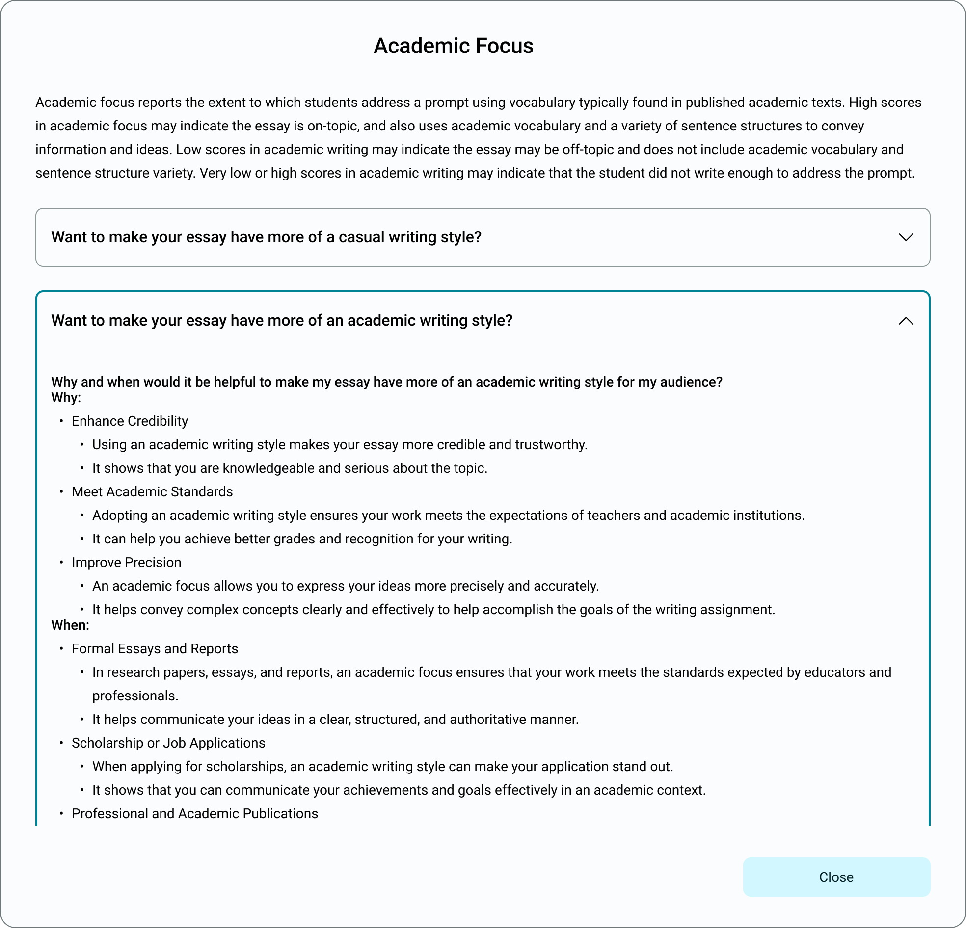 A screenshot of a the revised WAT-C feedback interface for the advanced metric Academic Focus. 