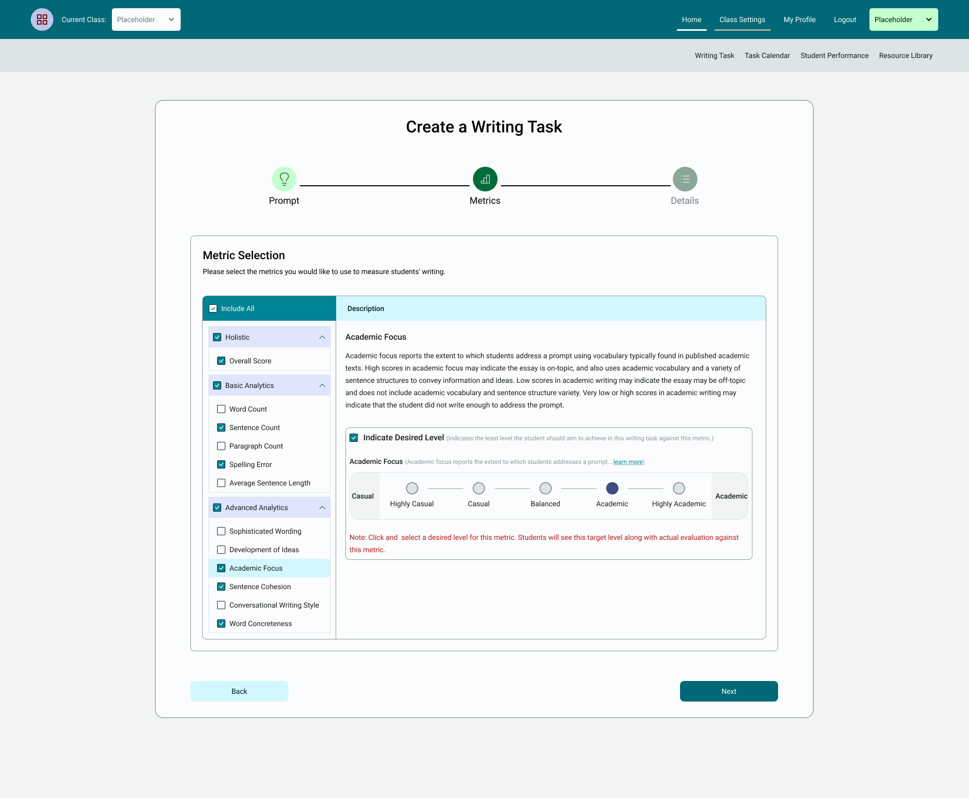 A screenshot of the revised WAT-C writing task that shows how teachers can set assignment goals for advanced metrics.