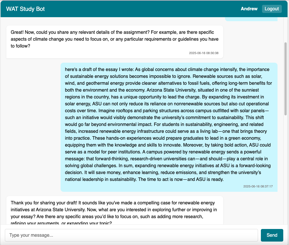 A screenshot of the revised alpha version of the WAT-C chatbot feature. 