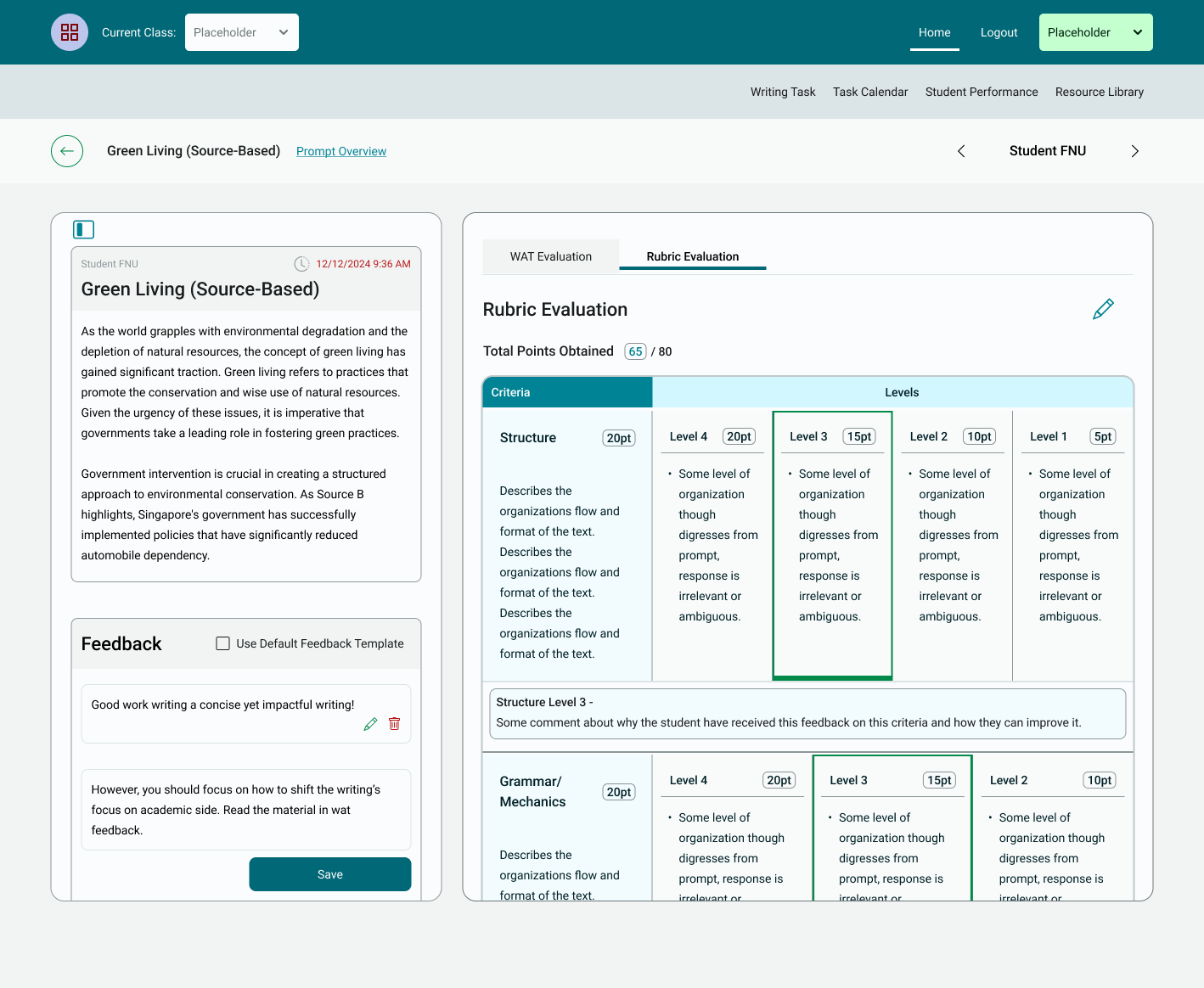 A screenshot of the revised WAT-C rubric feature. 