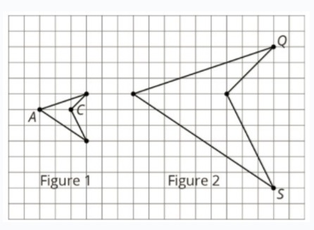 Grid with two separate figures labeled Figure 1 and Figure 2. Figure 1 is a small four-vertex shape with labeled points A and C. Figure 2 is a larger similar-looking shape with labeled points Q and S. No points B or D are shown.