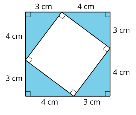 Outer square with side length 7 cm. Inside it is a rotated square touching each side once. The top side is split into 3 cm and 4 cm at the touchpoint; the right side into 3 cm and 4 cm; the bottom side into 4 cm and 3 cm; and the left side into 4 cm and 3 cm. The regions between the inner square and outer square are shaded.