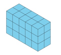Rectangular prism made of unit cubes, shown in perspective; it is 3 cubes high, 2 cubes wide, and 5 cubes long.