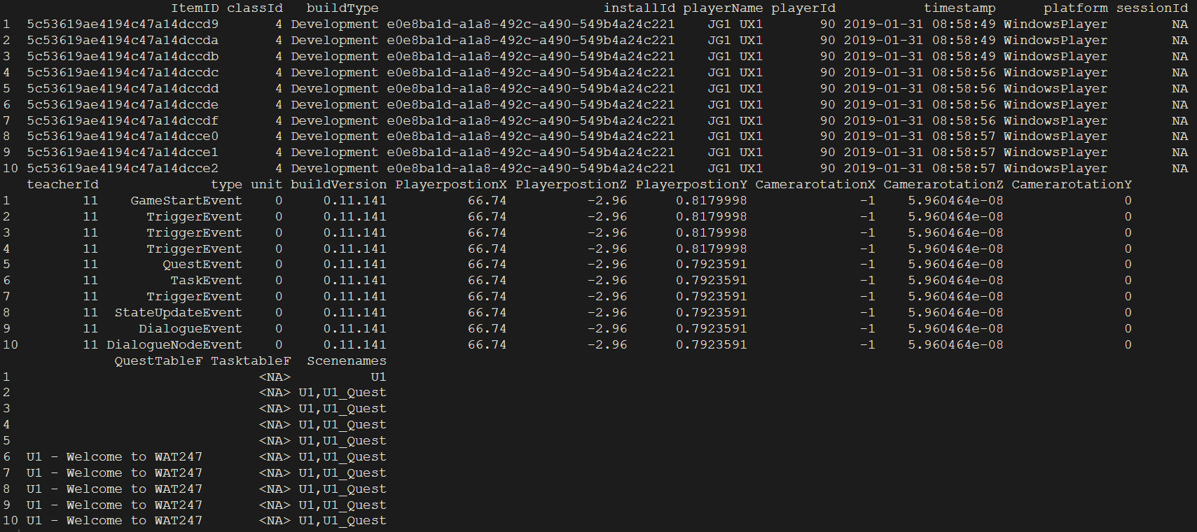 A picture showing an example regarding the first layer or the general information layer of the raw log data.