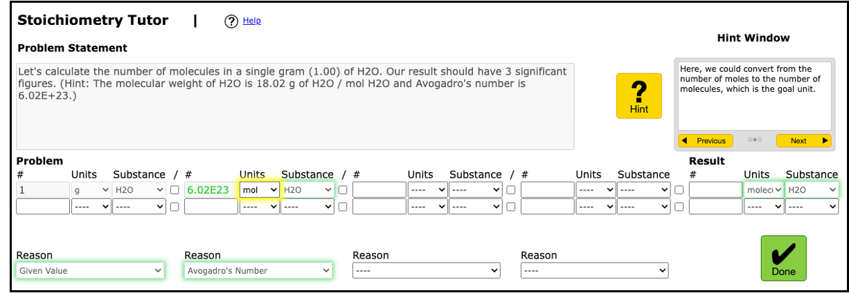 Screenshot of an online Stoichiometry Tutor problem. The problem statement asks to calculate the number of molecules in 1.00 g of H₂O, using a molecular weight of 18.02 g/mol and Avogadro’s number (6.02E+23). The interface shows a table for entering units, substances, and values. The first row has '1 g H₂O' as the given value, and a conversion factor '6.02E23 mol H₂O' is entered. The hint window on the right suggests converting from moles to molecules to reach the goal unit. The expected result section on the right shows units set to 'molecules of H₂O.' A 'Done' button is at the bottom.