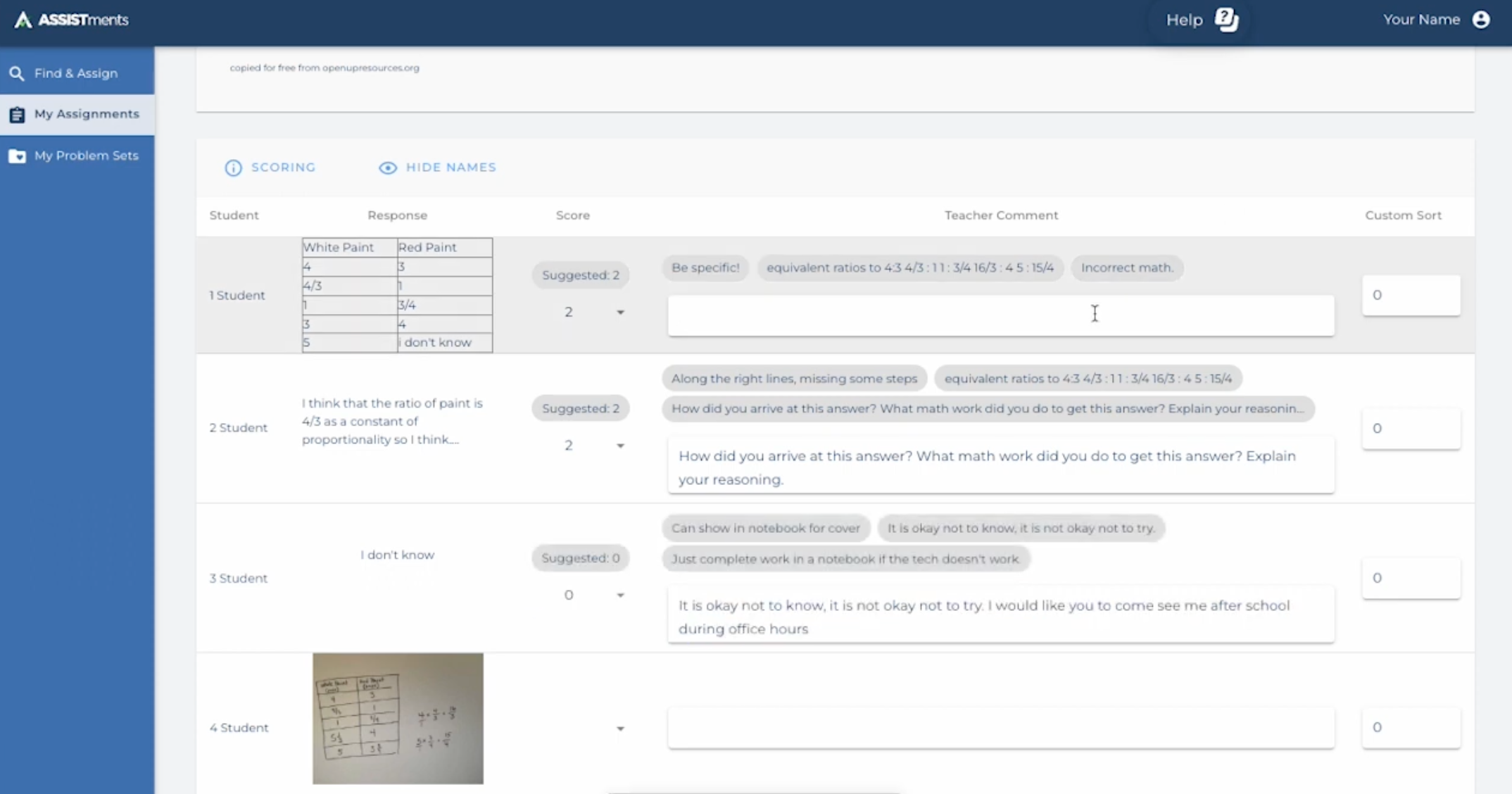 Screenshot of the QUICK-Comments interface in ASSISTments. Four student responses are displayed, each with an assigned score and teacher feedback. Teachers can provide written comments, or select from suggested feedback prompts. One example comment reads: “How did you arrive at this answer? What math work did you do to get this answer? Explain your reasoning.”